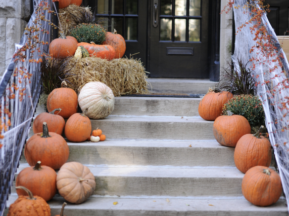 Halloween pumpkins lining staircase
