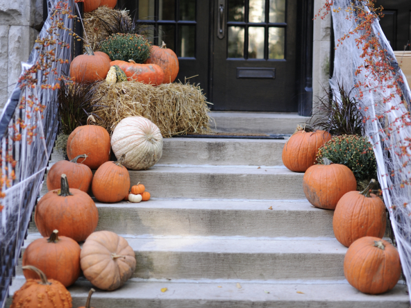 Halloween pumpkins lining staircase