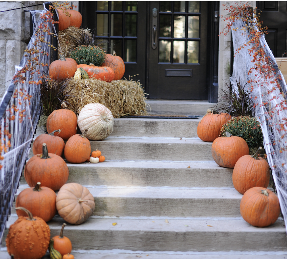 Halloween pumpkins lining staircase